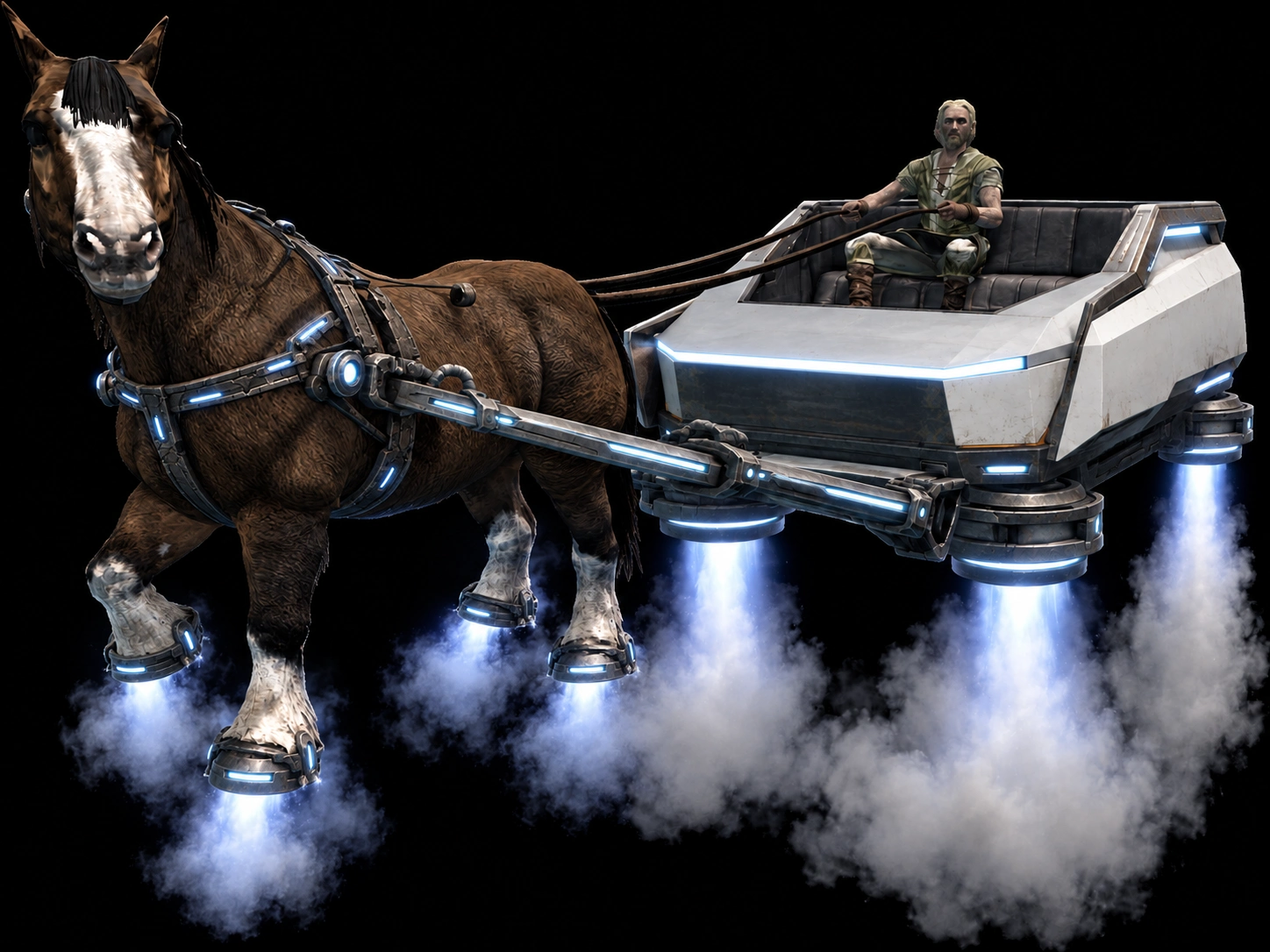 A horse and its silver hovering carriage, powered by blue thrusters